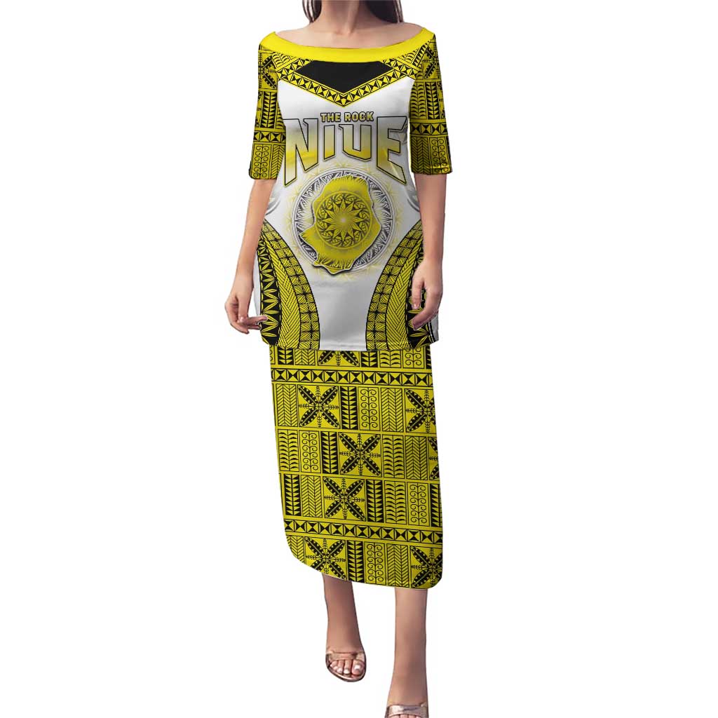 Personalised Niue The Rock Of Polynesia Puletasi Peniamina Gospel Day Yellow Version LT05 Long Dress Yellow - Polynesian Pride