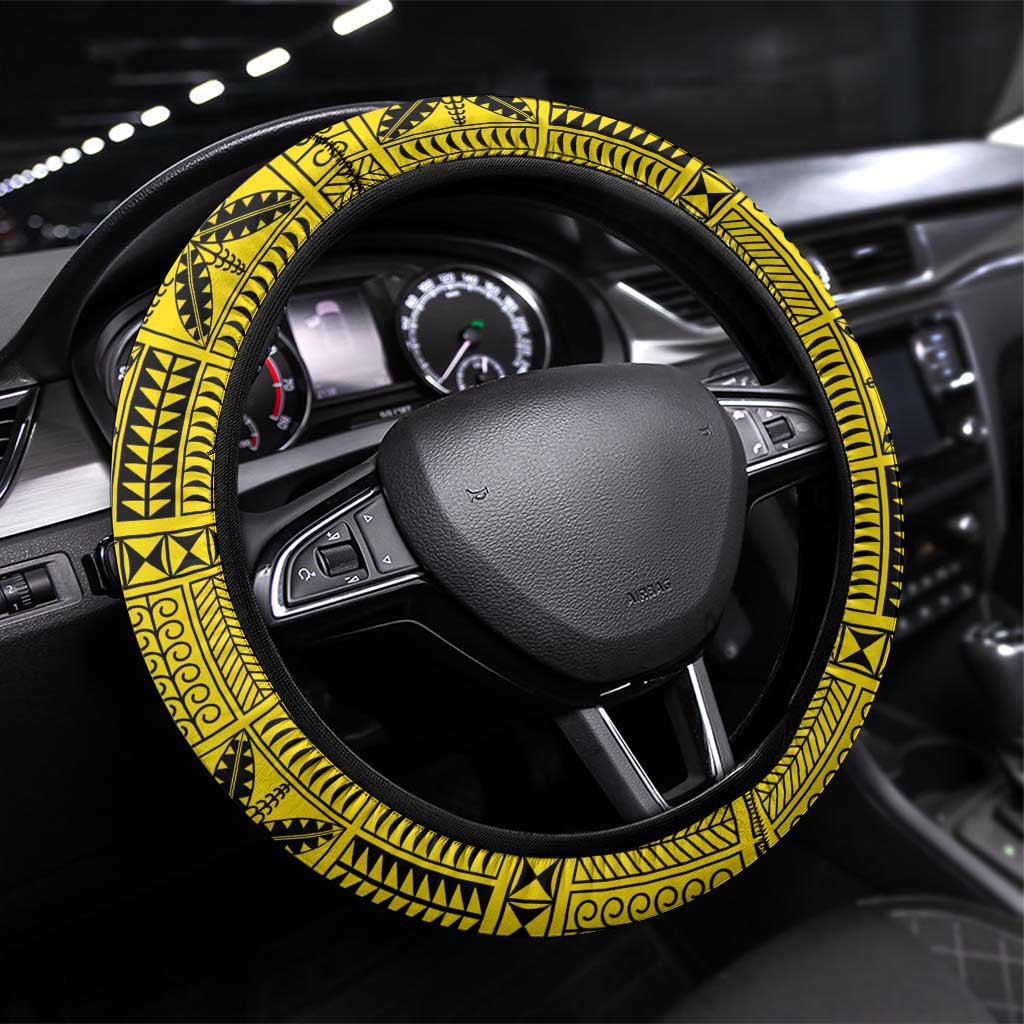 Niue The Rock Of Polynesia Steering Wheel Cover Peniamina Gospel Day Yellow Version LT05 Universal Fit Yellow - Polynesian Pride