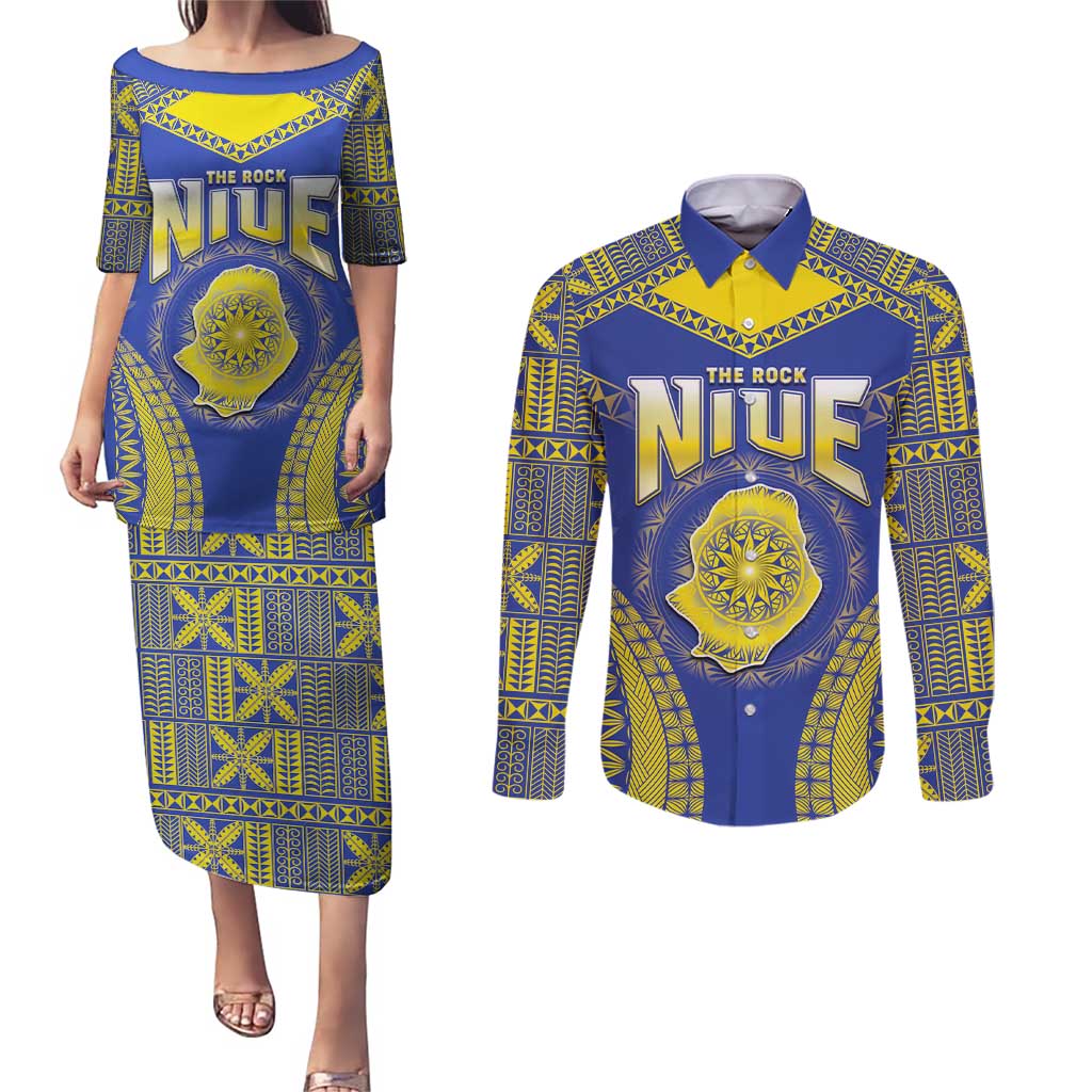 Personalised Niue The Rock Of Polynesia Couples Matching Puletasi and Long Sleeve Button Shirt Peniamina Gospel Day Blue Version LT05 Blue - Polynesian Pride