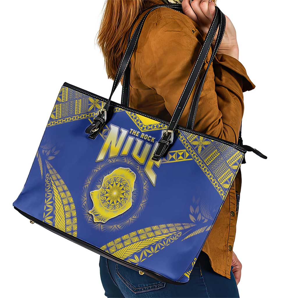 Niue The Rock Of Polynesia Leather Tote Bag Peniamina Gospel Day Blue Version LT05 - Polynesian Pride