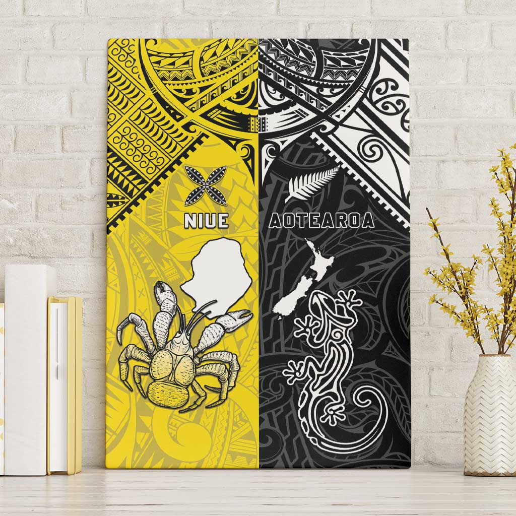 New Zealand Maori And Niue Hiapo Canvas Wall Art Lizard And Coconut Crab Together LT05 Without Frame Yellow - Polynesian Pride