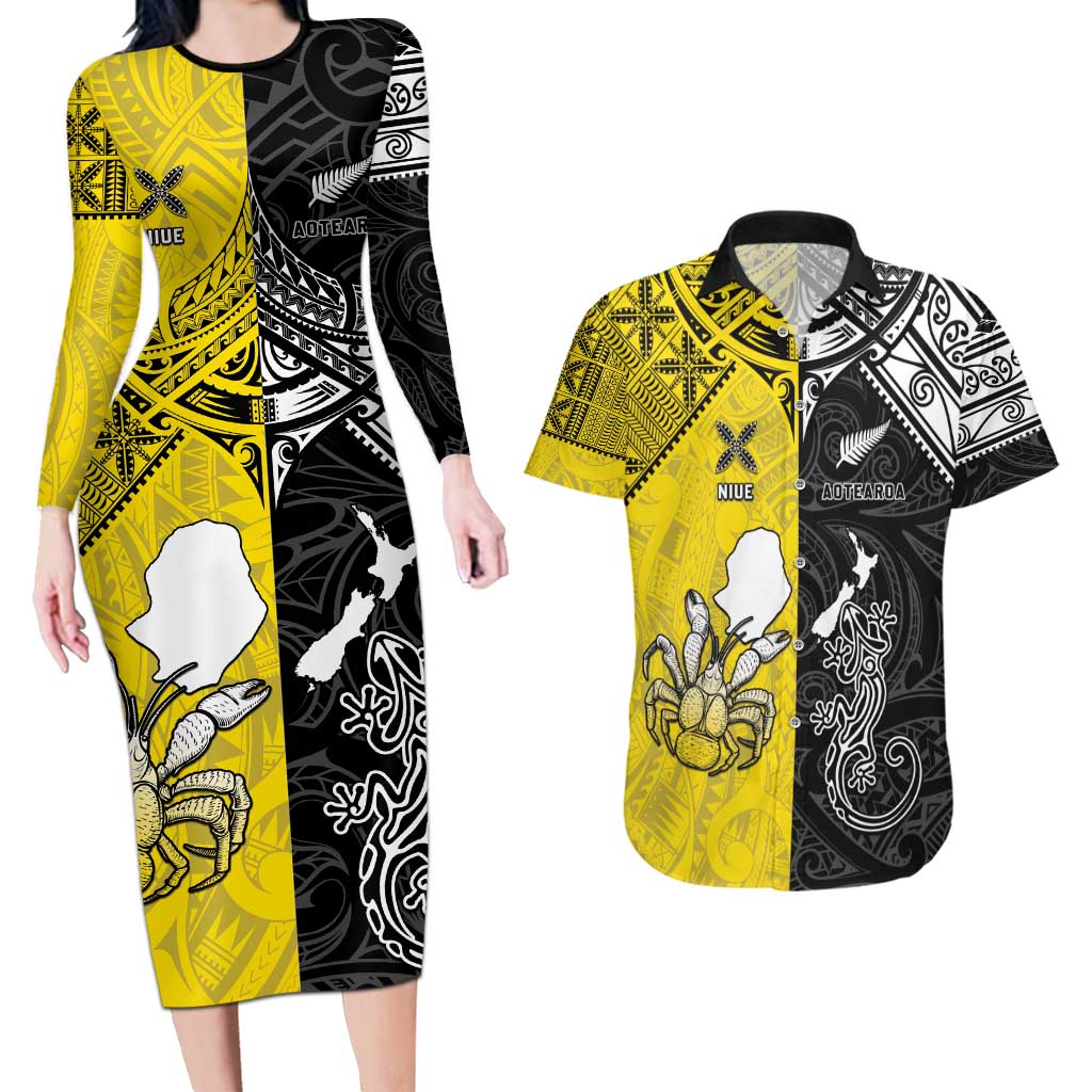 Custom New Zealand Maori And Niue Hiapo Couples Matching Long Sleeve Bodycon Dress and Hawaiian Shirt Lizard And Coconut Crab Together