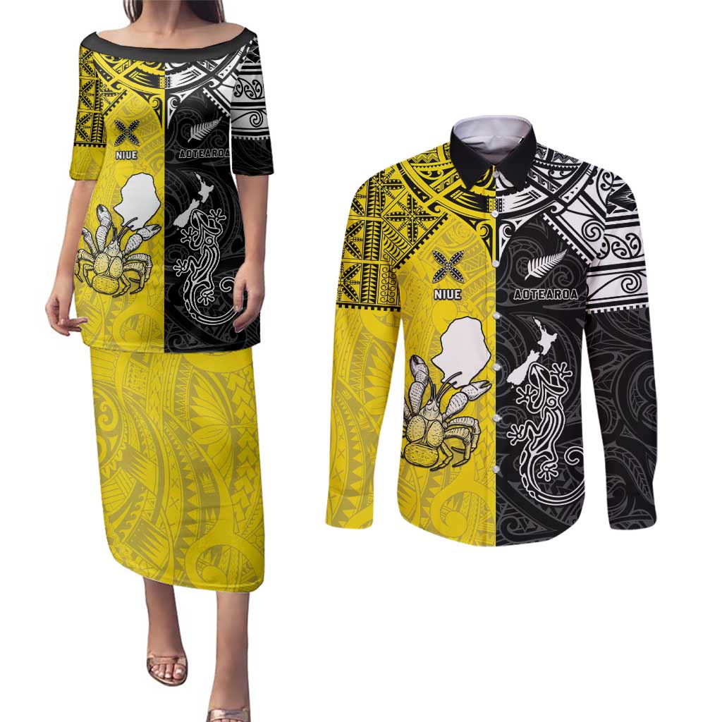 Custom New Zealand Maori And Niue Hiapo Couples Matching Puletasi and Long Sleeve Button Shirt Lizard And Coconut Crab Together LT05 Yellow - Polynesian Pride