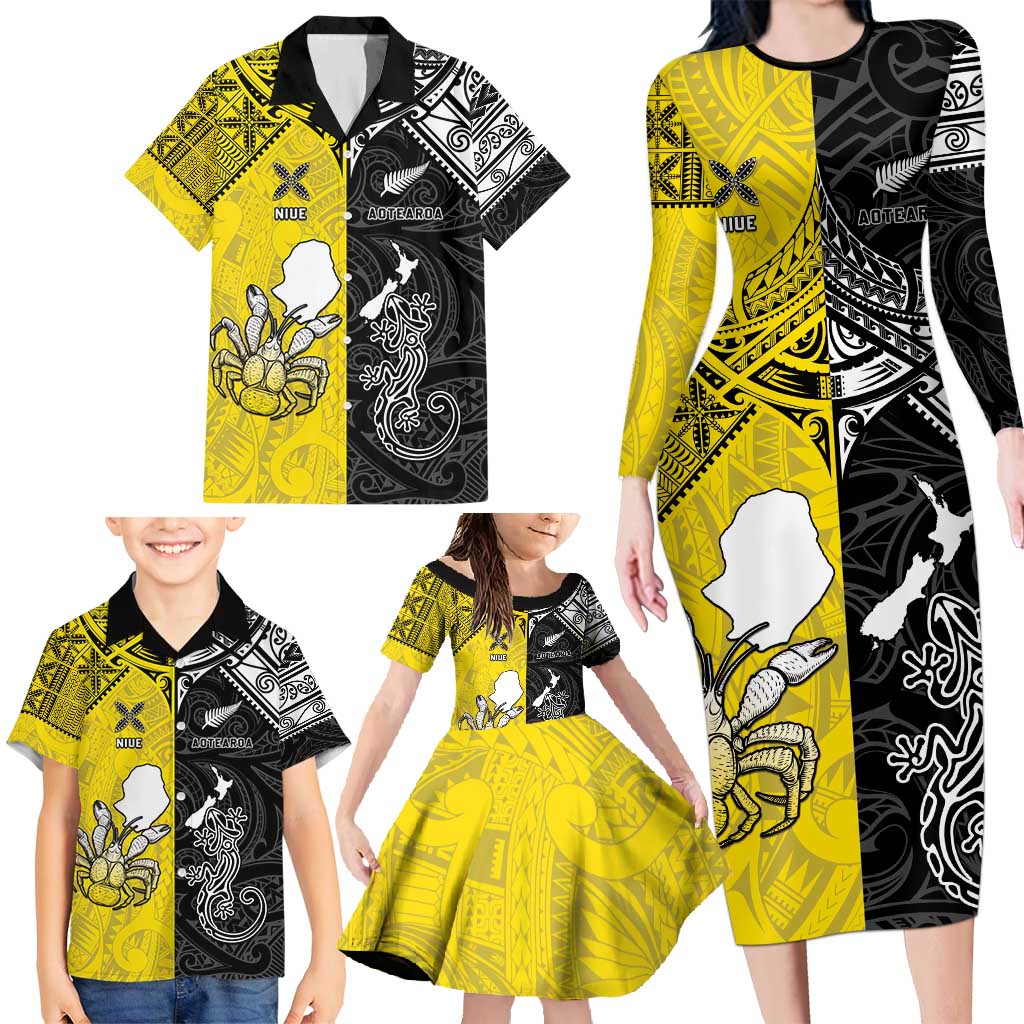 Custom New Zealand Maori And Niue Hiapo Family Matching Long Sleeve Bodycon Dress and Hawaiian Shirt Lizard And Coconut Crab Together