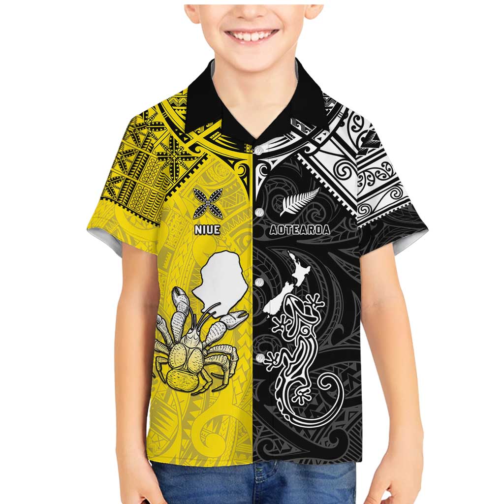 Custom New Zealand Maori And Niue Hiapo Family Matching Mermaid Dress and Hawaiian Shirt Lizard And Coconut Crab Together