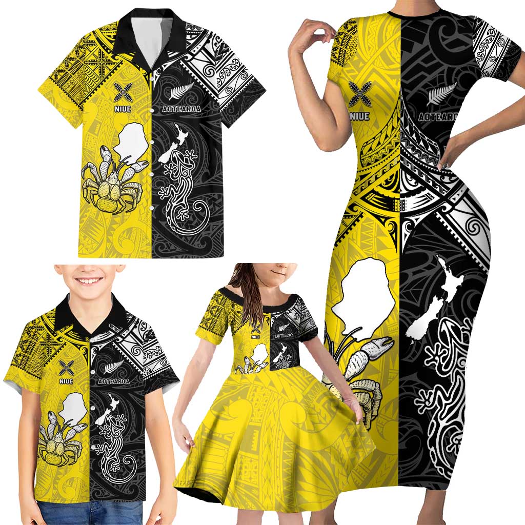 Custom New Zealand Maori And Niue Hiapo Family Matching Short Sleeve Bodycon Dress and Hawaiian Shirt Lizard And Coconut Crab Together