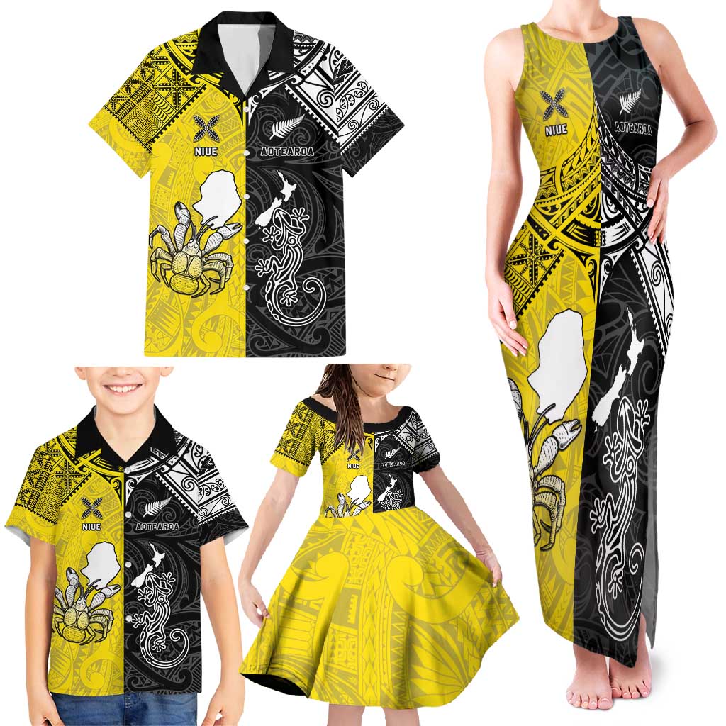 Custom New Zealand Maori And Niue Hiapo Family Matching Tank Maxi Dress and Hawaiian Shirt Lizard And Coconut Crab Together