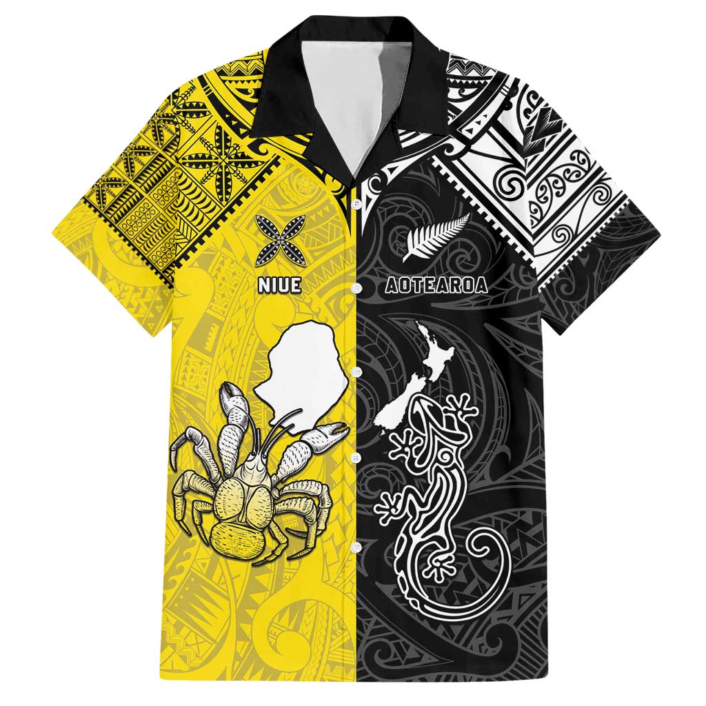 Custom New Zealand Maori And Niue Hiapo Hawaiian Shirt Lizard And Coconut Crab Together LT05 Yellow - Polynesian Pride