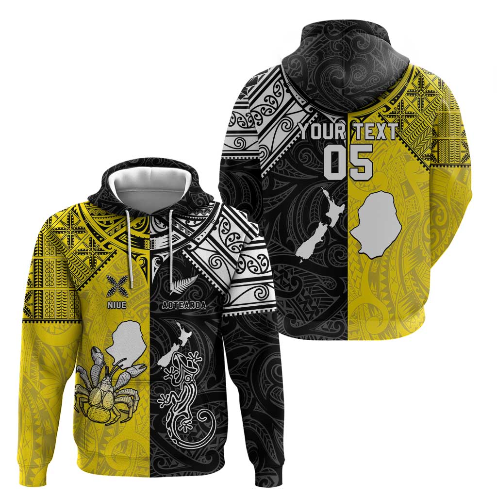 Custom New Zealand Maori And Niue Hiapo Hoodie Lizard And Coconut Crab Together