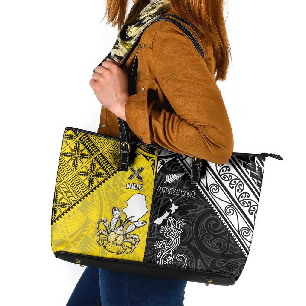 New Zealand Maori And Niue Hiapo Leather Tote Bag Lizard And Coconut Crab Together LT05 Yellow - Polynesian Pride