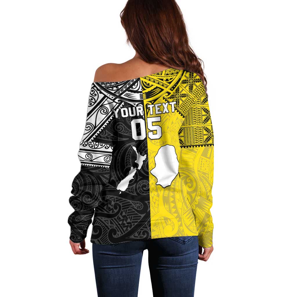 Custom New Zealand Maori And Niue Hiapo Off Shoulder Sweater Lizard And Coconut Crab Together