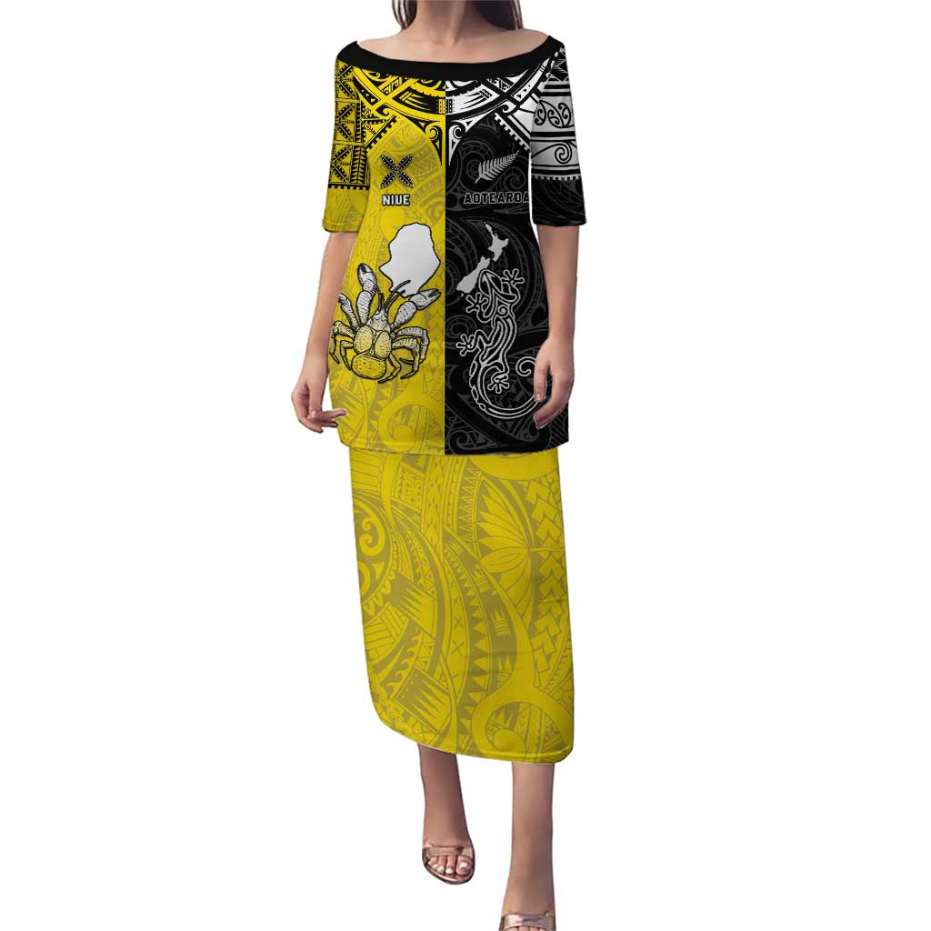 Custom New Zealand Maori And Niue Hiapo Puletasi Lizard And Coconut Crab Together LT05 Long Dress Yellow - Polynesian Pride