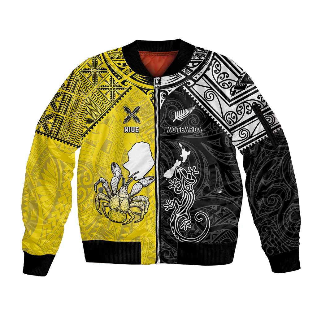 Custom New Zealand Maori And Niue Hiapo Sleeve Zip Bomber Jacket Lizard And Coconut Crab Together