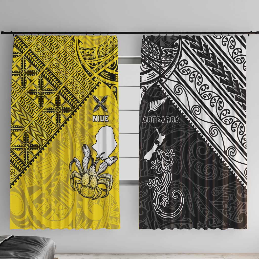 New Zealand Maori And Niue Hiapo Window Curtain Lizard And Coconut Crab Together LT05 With Hooks Yellow - Polynesian Pride