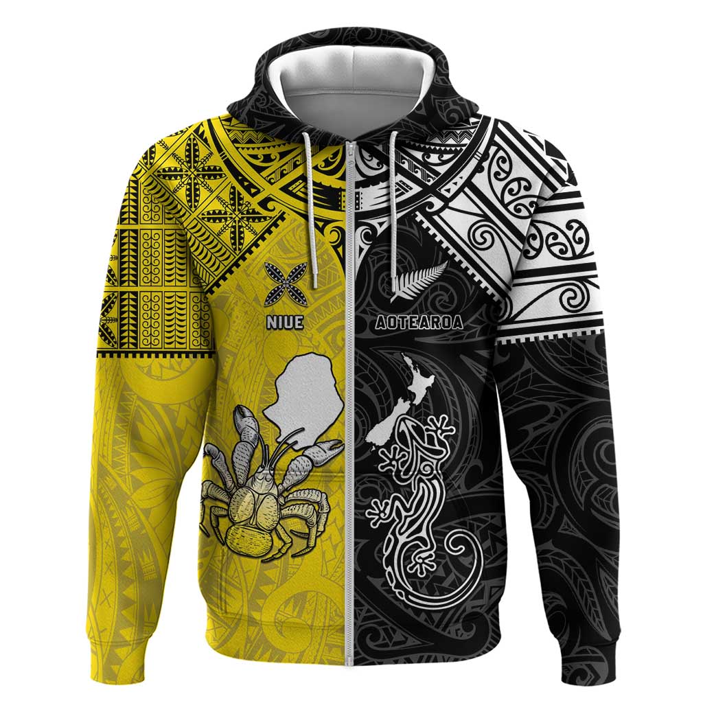 Custom New Zealand Maori And Niue Hiapo Zip Hoodie Lizard And Coconut Crab Together