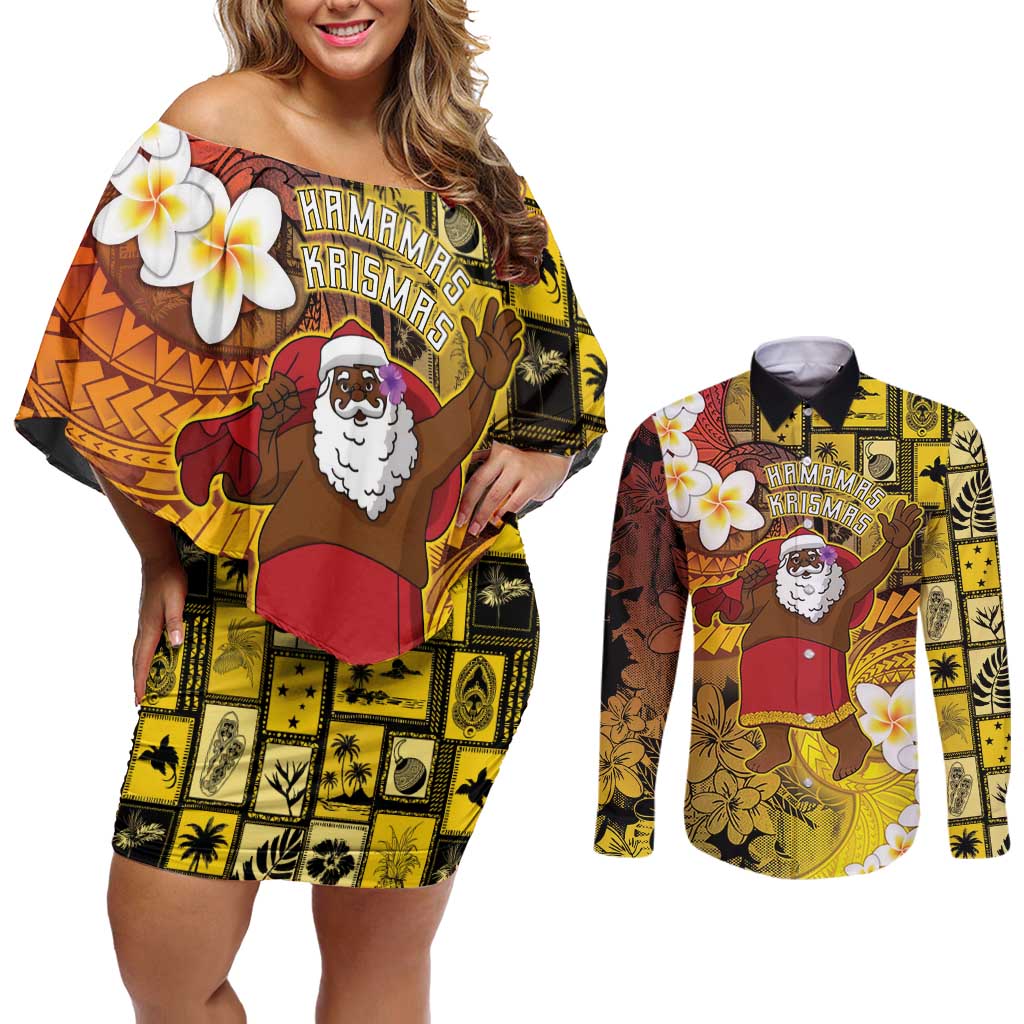 Papua New Guinea Retro Christmas Couples Matching Off Shoulder Short Dress and Long Sleeve Button Shirt Hamamas Krismas - Polynesian Pride