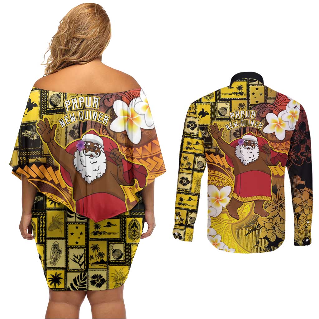 Papua New Guinea Retro Christmas Couples Matching Off Shoulder Short Dress and Long Sleeve Button Shirt Hamamas Krismas - Polynesian Pride