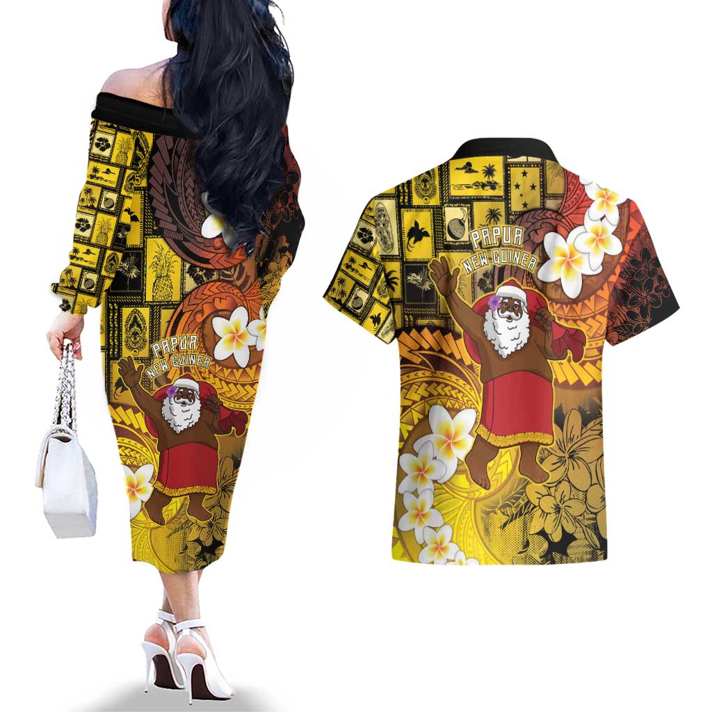 Papua New Guinea Retro Christmas Couples Matching Off The Shoulder Long Sleeve Dress and Hawaiian Shirt Hamamas Krismas - Polynesian Pride