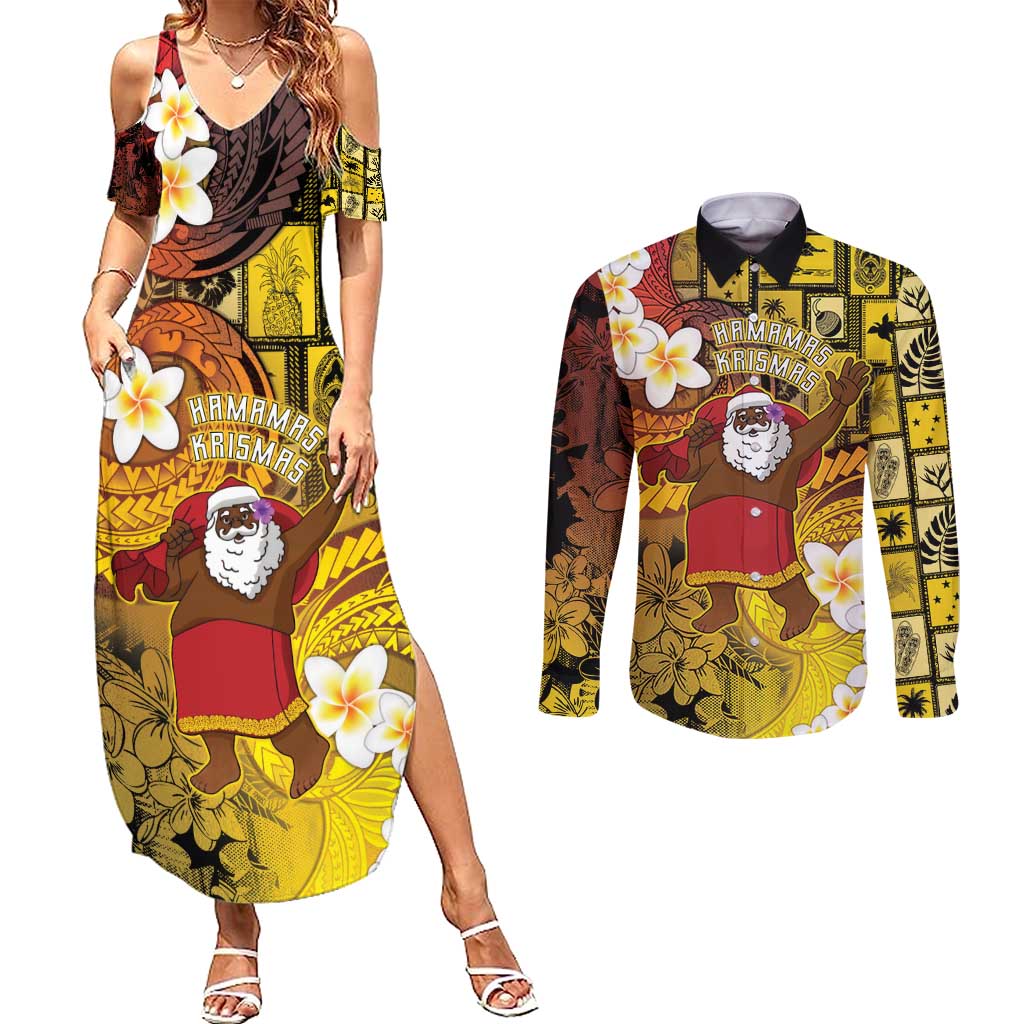 Papua New Guinea Retro Christmas Couples Matching Summer Maxi Dress and Long Sleeve Button Shirt Hamamas Krismas - Polynesian Pride