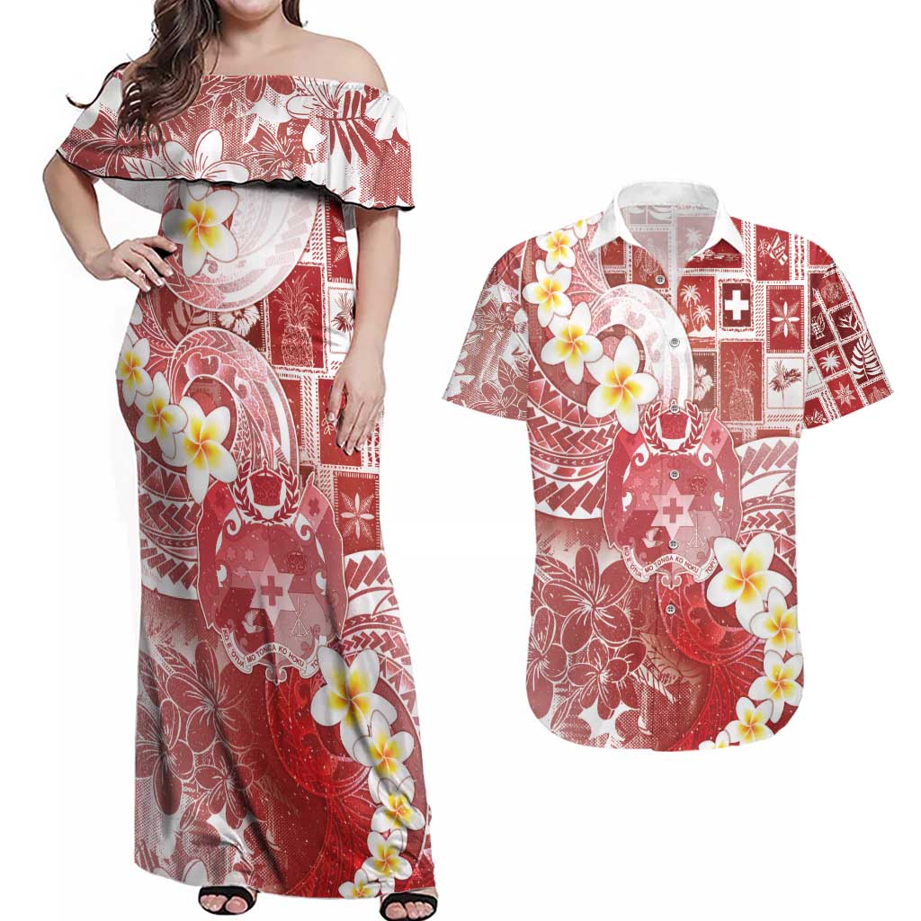 Tonga Christmas Couples Matching Off Shoulder Maxi Dress and Hawaiian Shirt Kilisimasi Fiefia Retro Style Red - Polynesian Pride