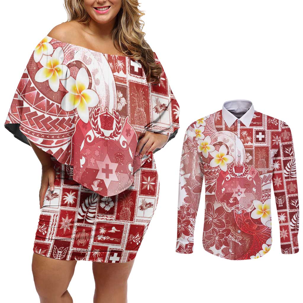 Tonga Christmas Couples Matching Off Shoulder Short Dress and Long Sleeve Button Shirt Kilisimasi Fiefia Retro Style Red - Polynesian Pride