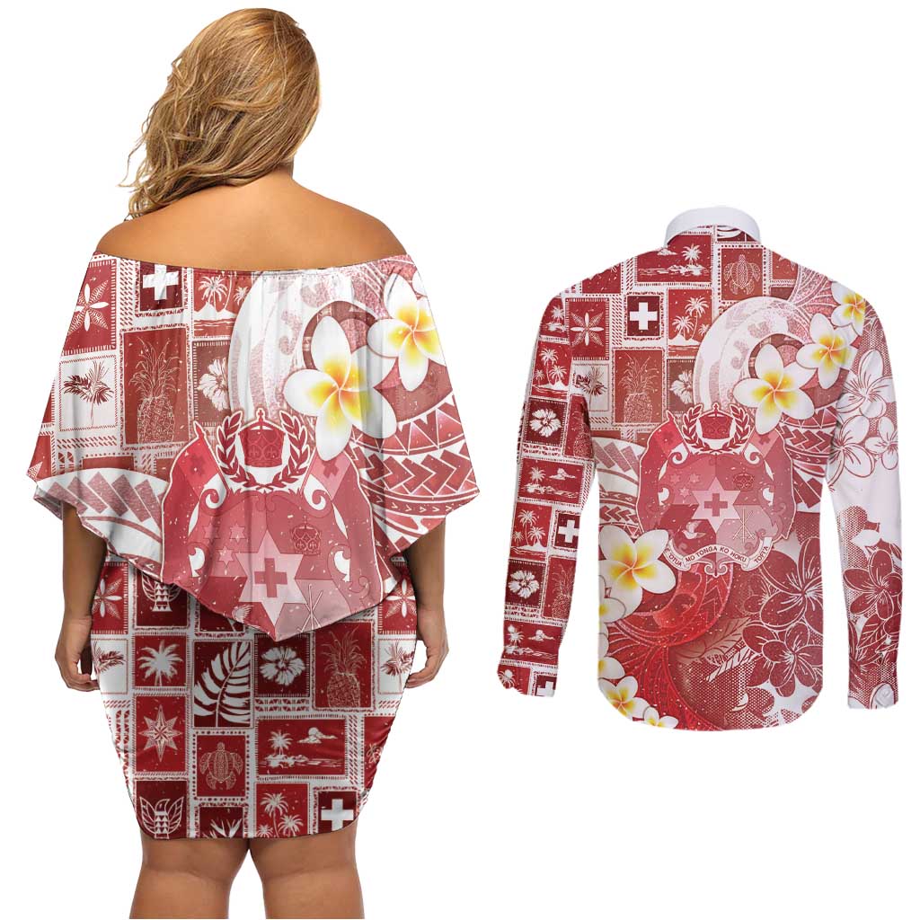 Tonga Christmas Couples Matching Off Shoulder Short Dress and Long Sleeve Button Shirt Kilisimasi Fiefia Retro Style Red - Polynesian Pride