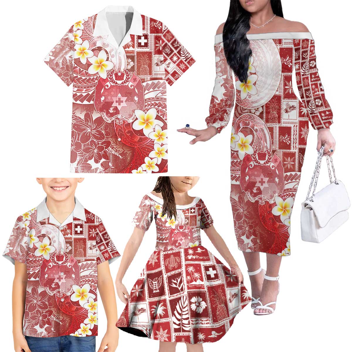 Tonga Christmas Family Matching Off The Shoulder Long Sleeve Dress and Hawaiian Shirt Kilisimasi Fiefia Retro Style Red - Polynesian Pride