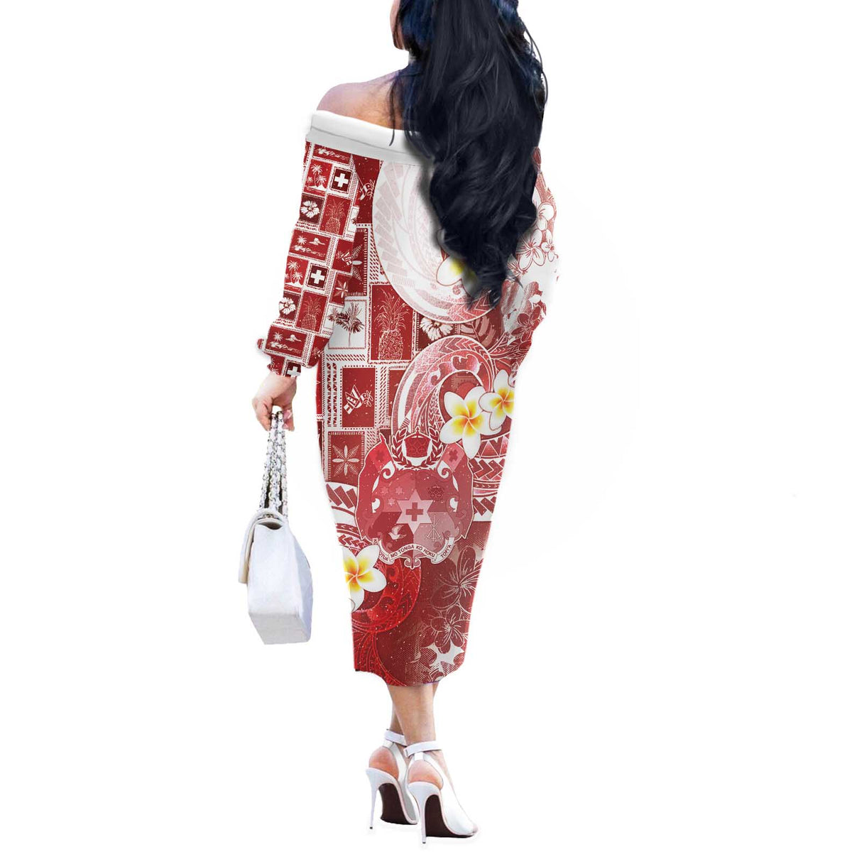 Tonga Christmas Off The Shoulder Long Sleeve Dress Kilisimasi Fiefia Retro Style Red - Polynesian Pride