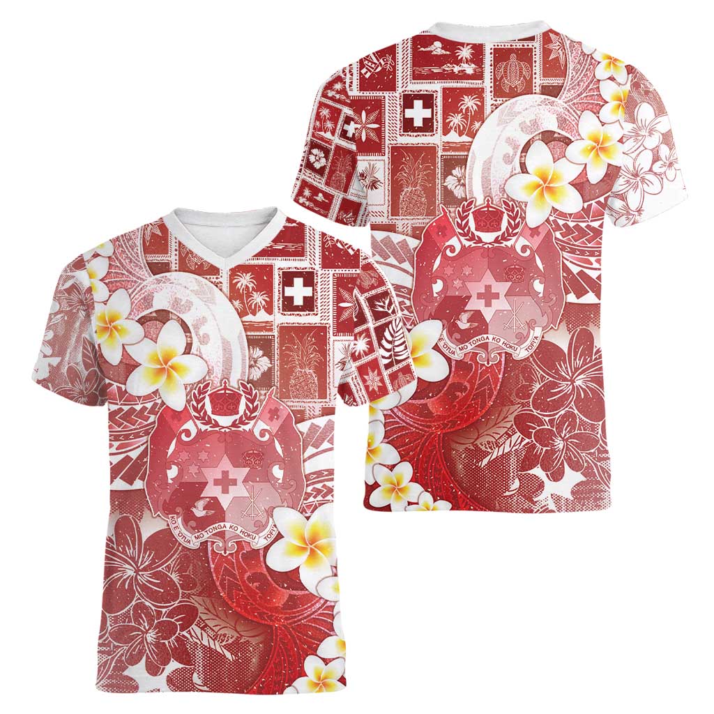 Tonga Christmas Women V-Neck T-Shirt Kilisimasi Fiefia Retro Style Red - Polynesian Pride