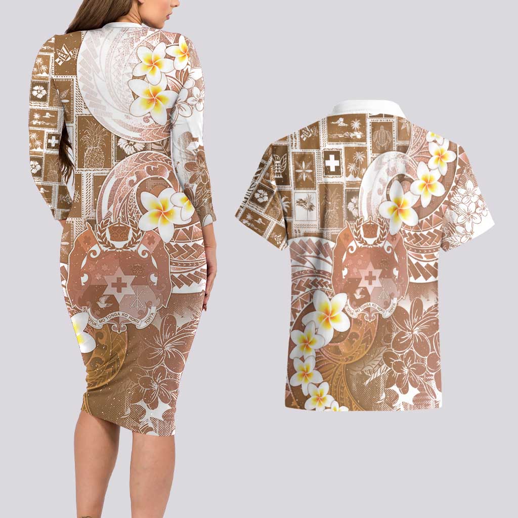 Tonga Christmas Couples Matching Long Sleeve Bodycon Dress and Hawaiian Shirt Kilisimasi Fiefia Retro Style Brown - Polynesian Pride