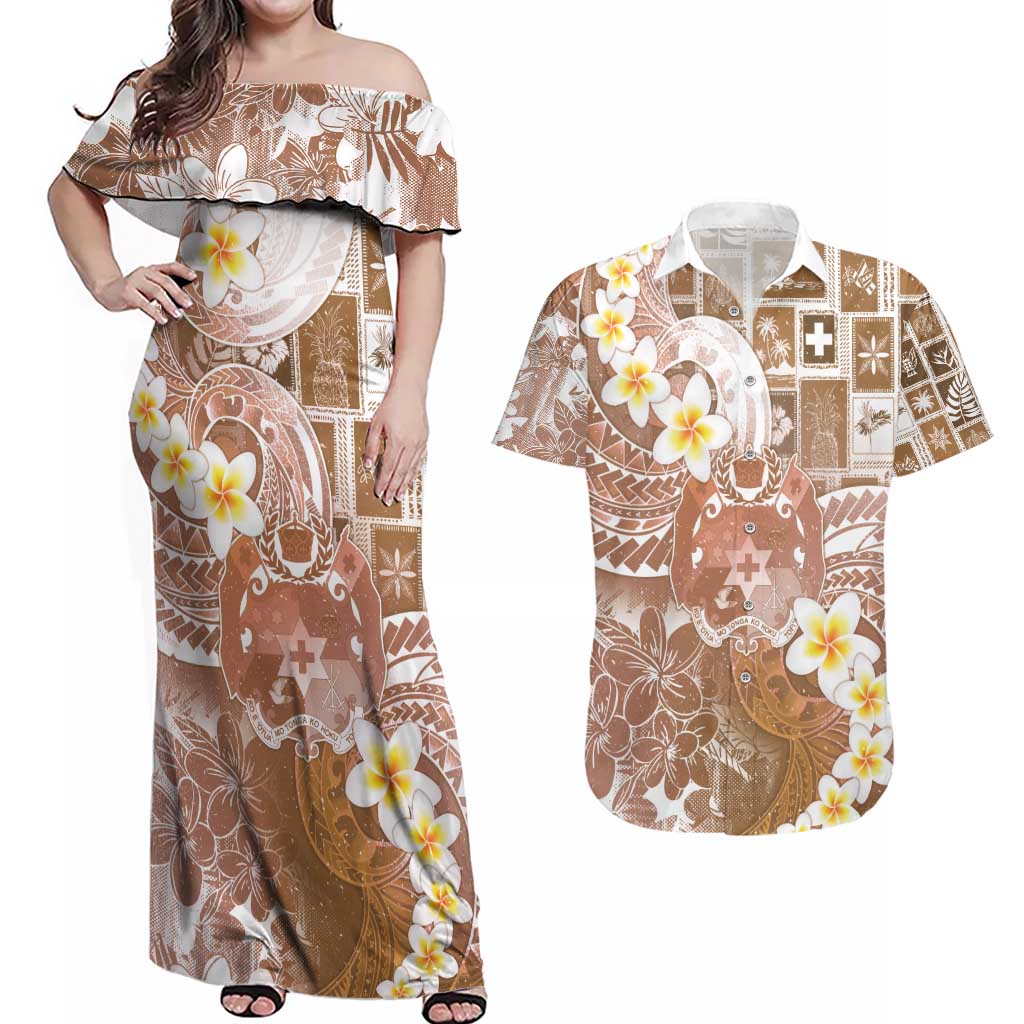 Tonga Christmas Couples Matching Off Shoulder Maxi Dress and Hawaiian Shirt Kilisimasi Fiefia Retro Style Brown - Polynesian Pride