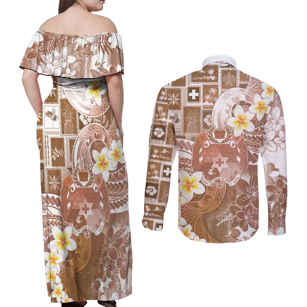 Tonga Christmas Couples Matching Off Shoulder Maxi Dress and Long Sleeve Button Shirt Kilisimasi Fiefia Retro Style Brown - Polynesian Pride