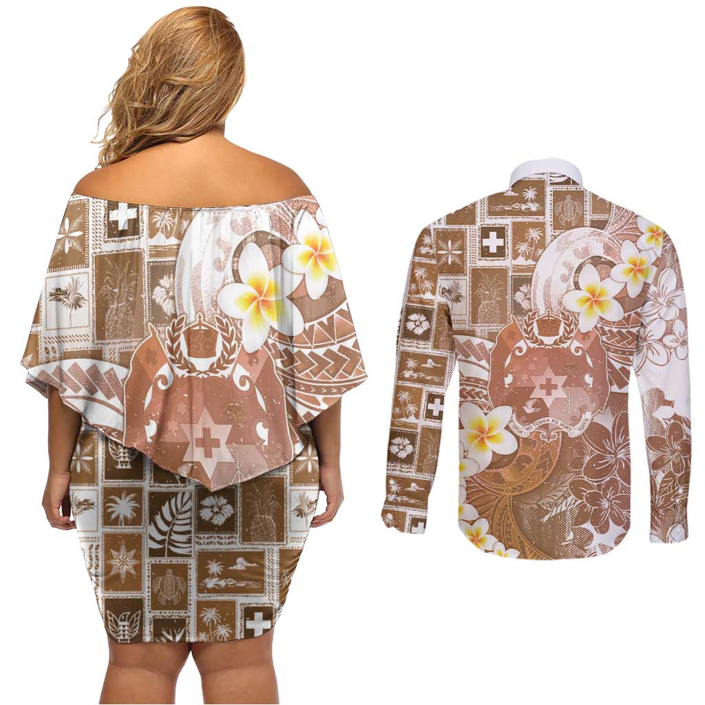 Tonga Christmas Couples Matching Off Shoulder Short Dress and Long Sleeve Button Shirt Kilisimasi Fiefia Retro Style Brown - Polynesian Pride