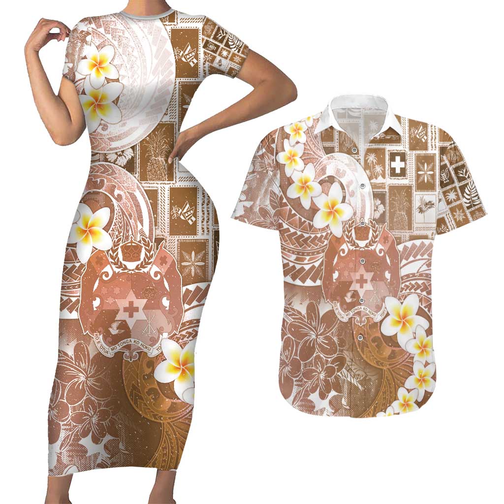 Tonga Christmas Couples Matching Short Sleeve Bodycon Dress and Hawaiian Shirt Kilisimasi Fiefia Retro Style Brown - Polynesian Pride