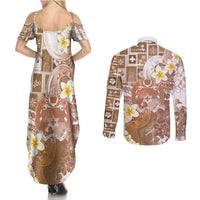 Tonga Christmas Couples Matching Summer Maxi Dress and Long Sleeve Button Shirt Kilisimasi Fiefia Retro Style Brown - Polynesian Pride