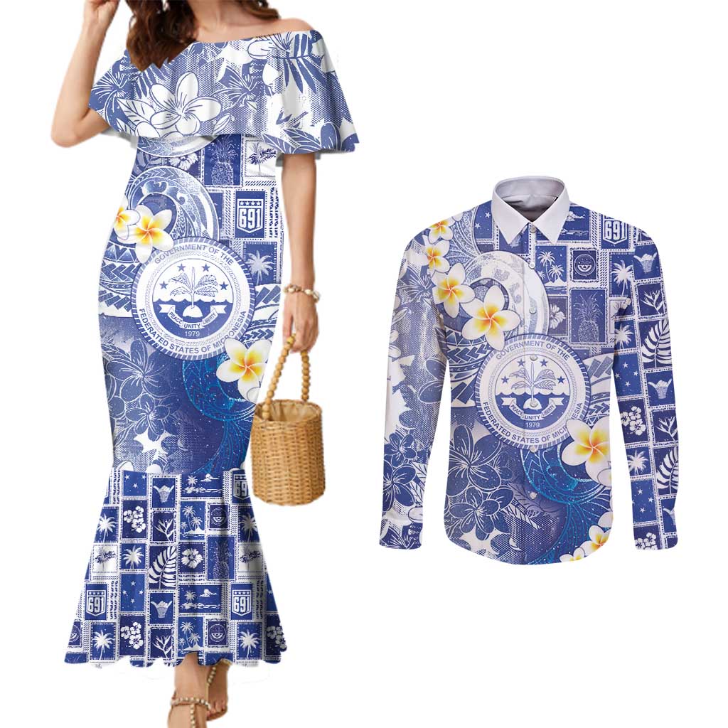 Federated States Of Micronesia Christmas Couples Matching Mermaid Dress and Long Sleeve Button Shirt Retro Style Bright Version - Polynesian Pride