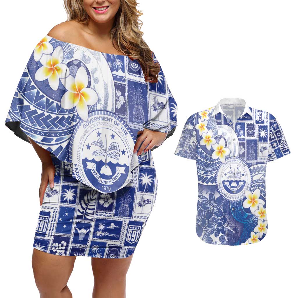 Federated States Of Micronesia Christmas Couples Matching Off Shoulder Short Dress and Hawaiian Shirt Retro Style Bright Version - Polynesian Pride