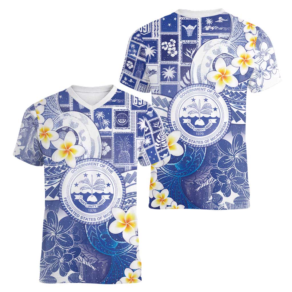 Federated States Of Micronesia Christmas Women V-Neck T-Shirt Retro Style Bright Version - Polynesian Pride