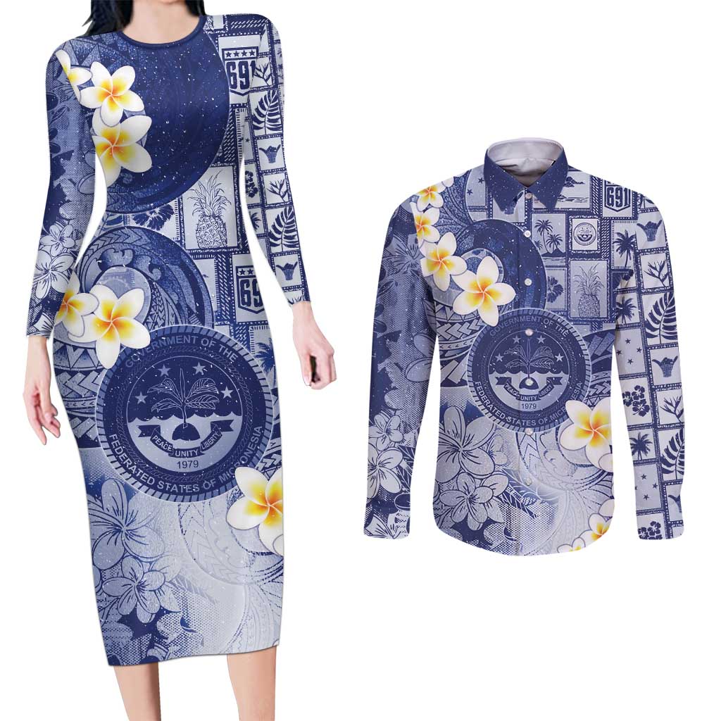 Federated States Of Micronesia Christmas Couples Matching Long Sleeve Bodycon Dress and Long Sleeve Button Shirt Retro Style Dark Version - Polynesian Pride