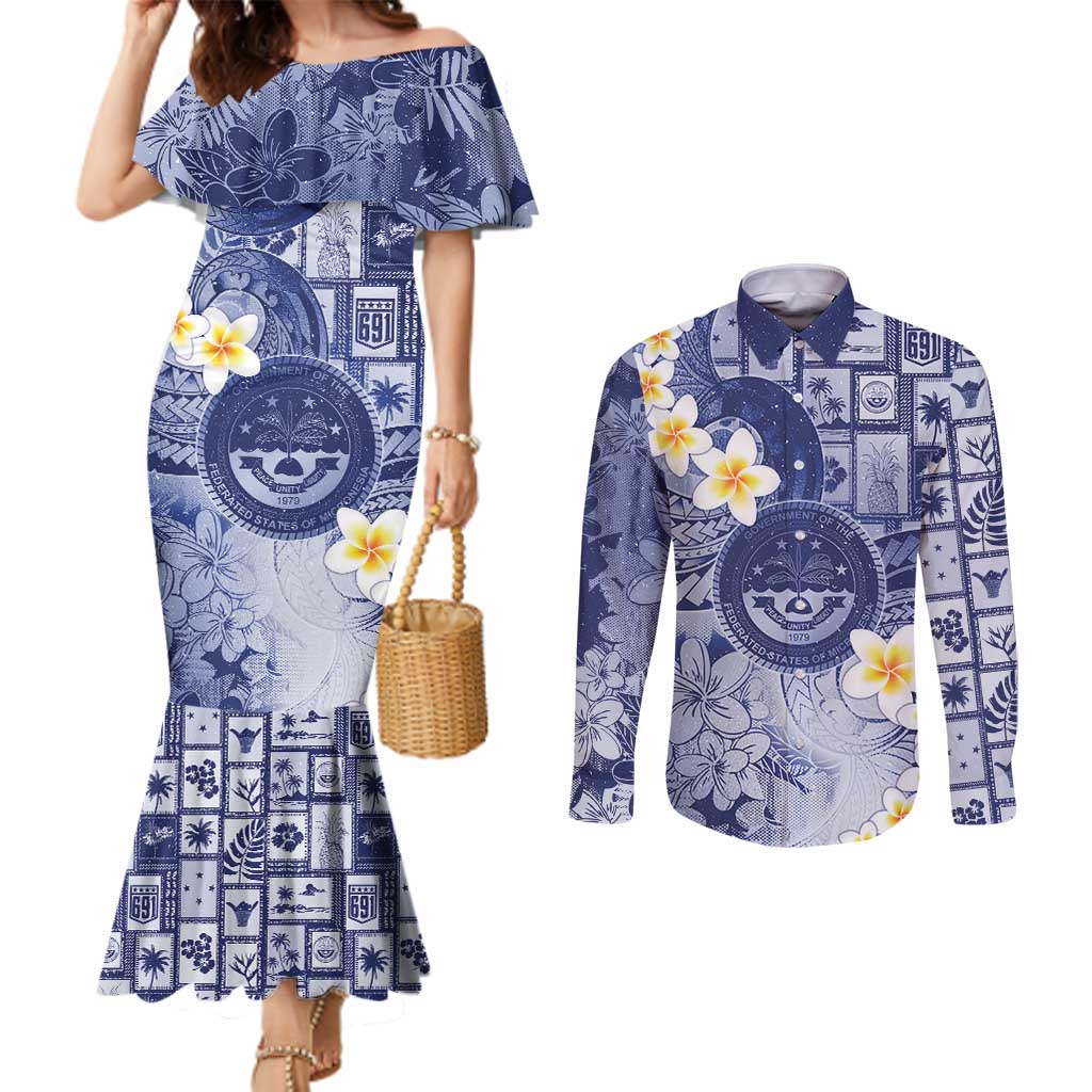 Federated States Of Micronesia Christmas Couples Matching Mermaid Dress and Long Sleeve Button Shirt Retro Style Dark Version - Polynesian Pride