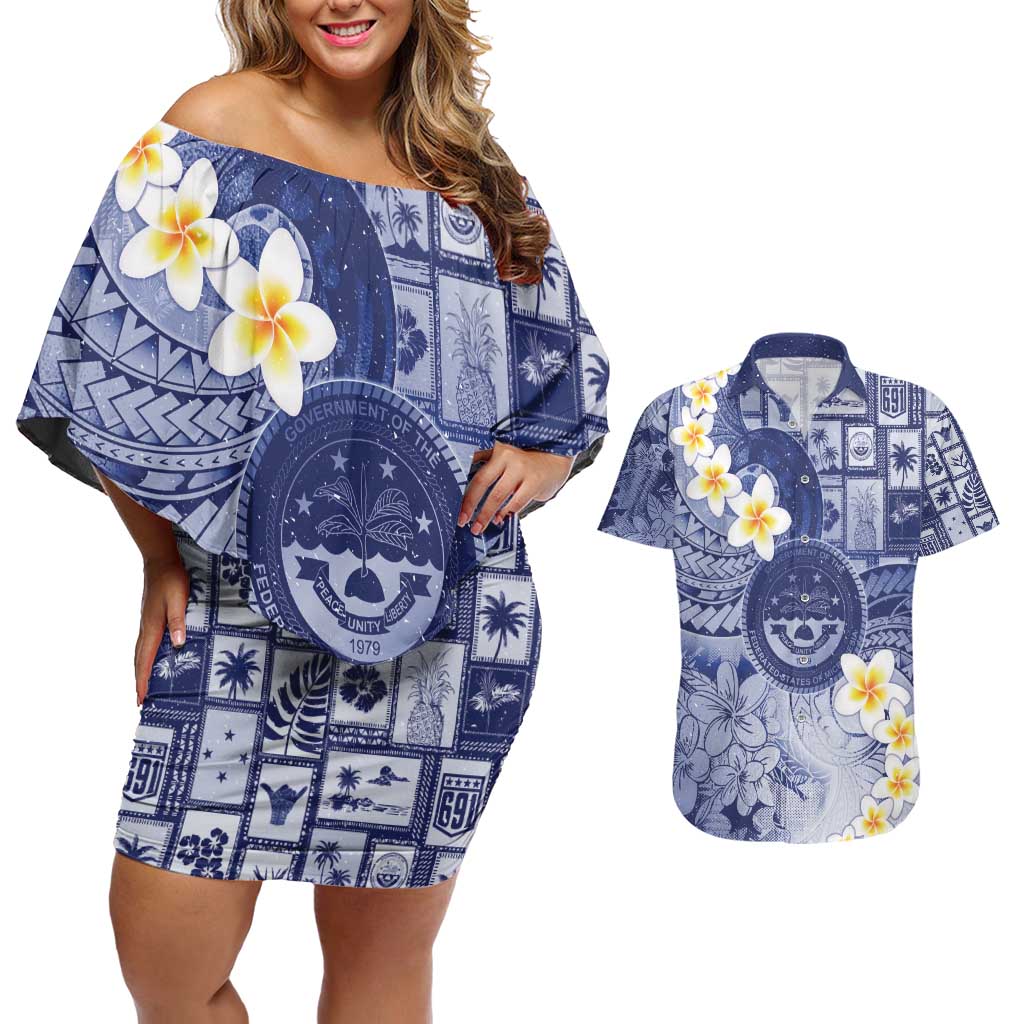 Federated States Of Micronesia Christmas Couples Matching Off Shoulder Short Dress and Hawaiian Shirt Retro Style Dark Version - Polynesian Pride