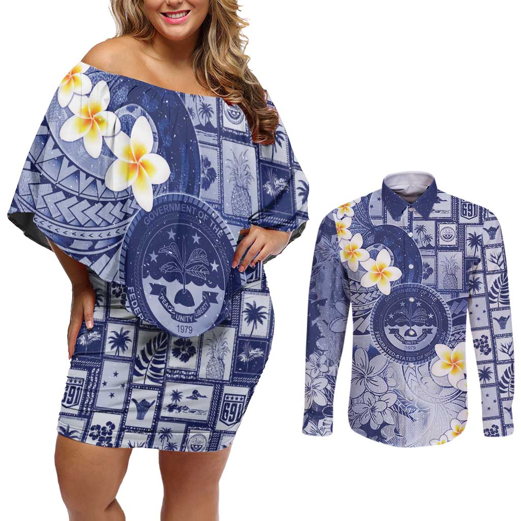 Federated States Of Micronesia Christmas Couples Matching Off Shoulder Short Dress and Long Sleeve Button Shirt Retro Style Dark Version - Polynesian Pride