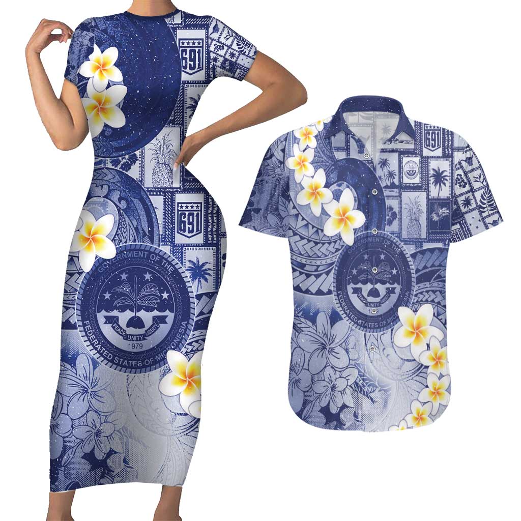 Federated States Of Micronesia Christmas Couples Matching Short Sleeve Bodycon Dress and Hawaiian Shirt Retro Style Dark Version - Polynesian Pride