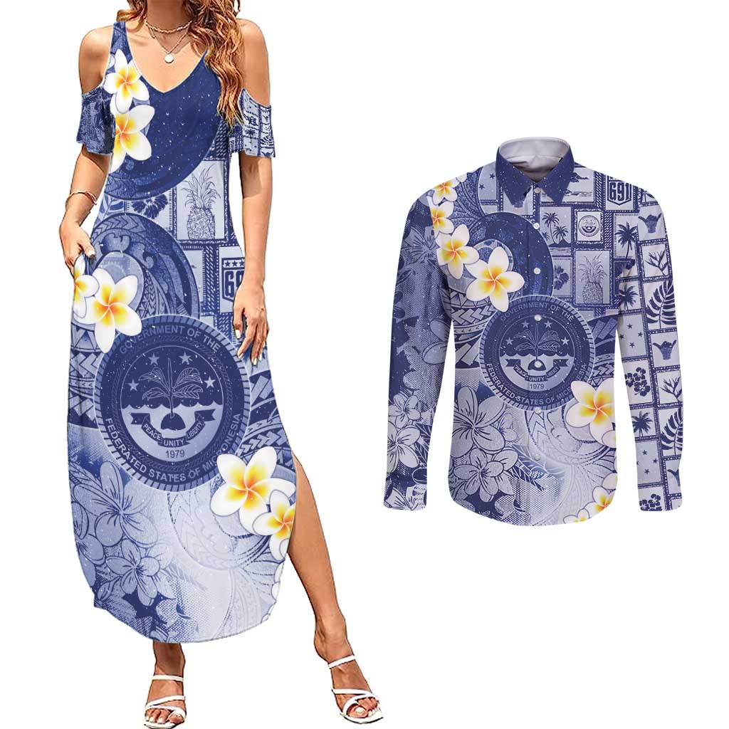 Federated States Of Micronesia Christmas Couples Matching Summer Maxi Dress and Long Sleeve Button Shirt Retro Style Dark Version - Polynesian Pride