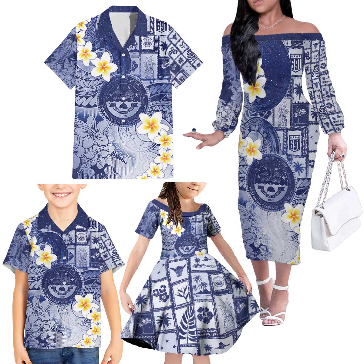 Federated States Of Micronesia Christmas Family Matching Off The Shoulder Long Sleeve Dress and Hawaiian Shirt Retro Style Dark Version - Polynesian Pride