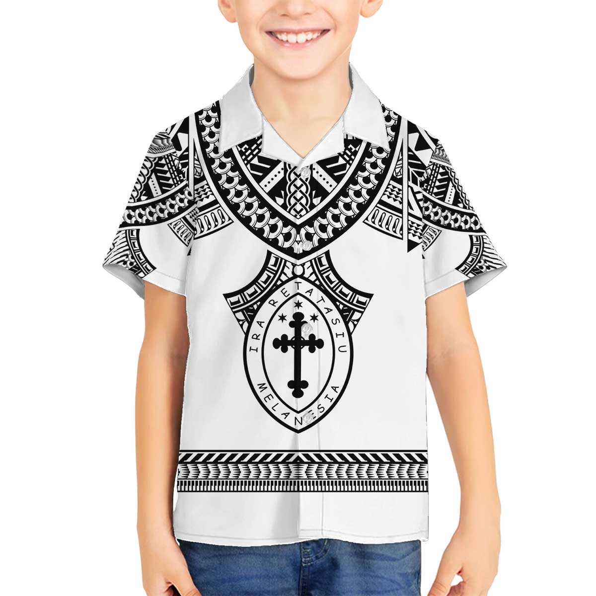 Personalised Melanesian Brotherhood Family Matching Off The Shoulder Long Sleeve Dress and Hawaiian Shirt With Tribal Pattern - Polynesian Pride