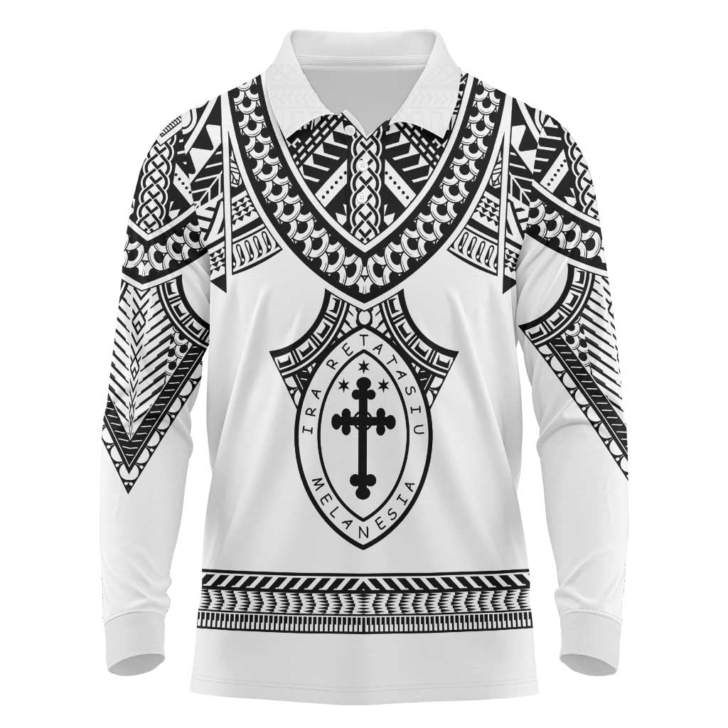 Personalised Melanesian Brotherhood Long Sleeve Polo Shirt With Tribal Pattern LT05 White - Polynesian Pride
