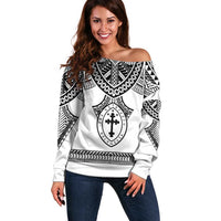 Personalised Melanesian Brotherhood Off Shoulder Sweater With Tribal Pattern LT05 Women White - Polynesian Pride