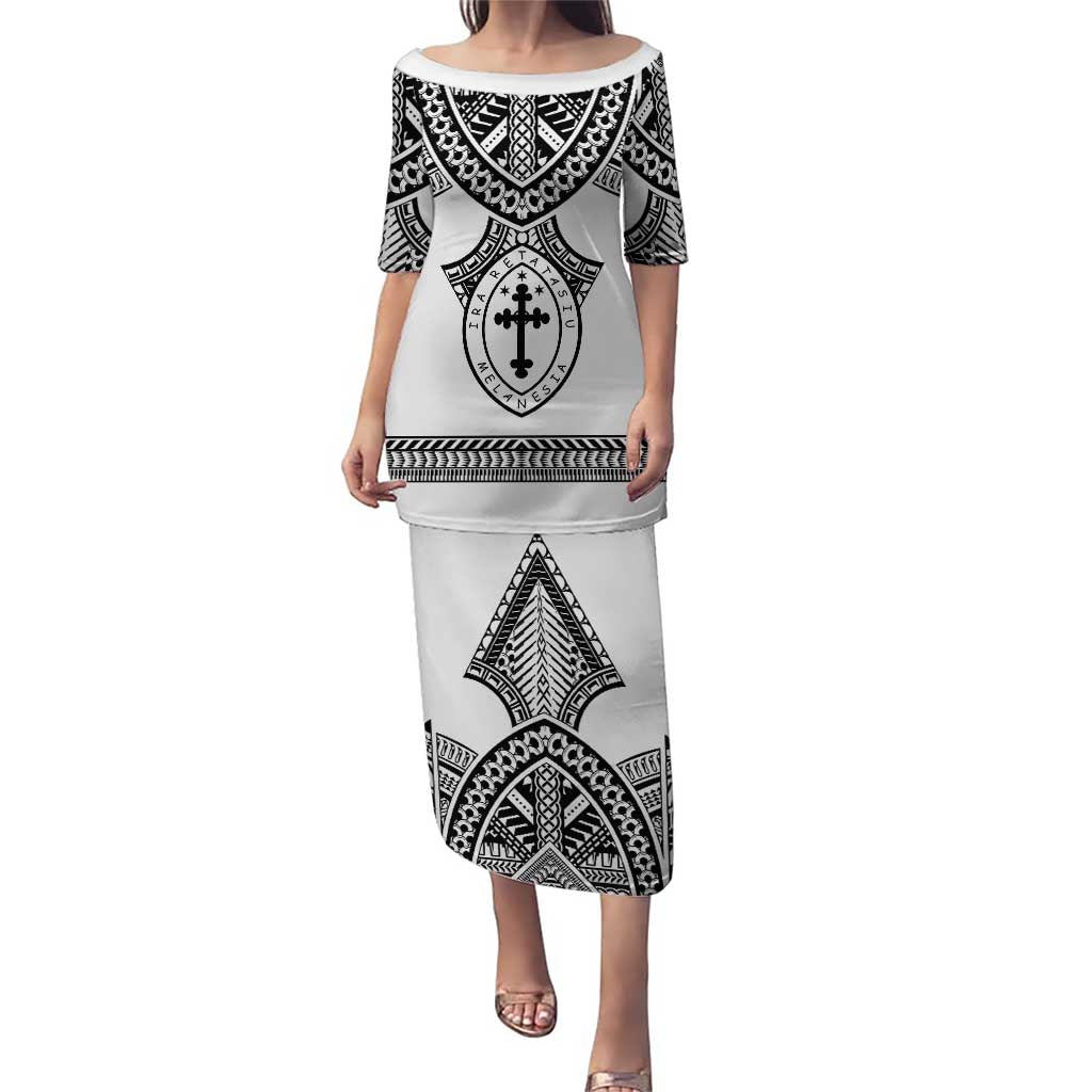 Personalised Melanesian Brotherhood Puletasi With Tribal Pattern LT05 Long Dress White - Polynesian Pride
