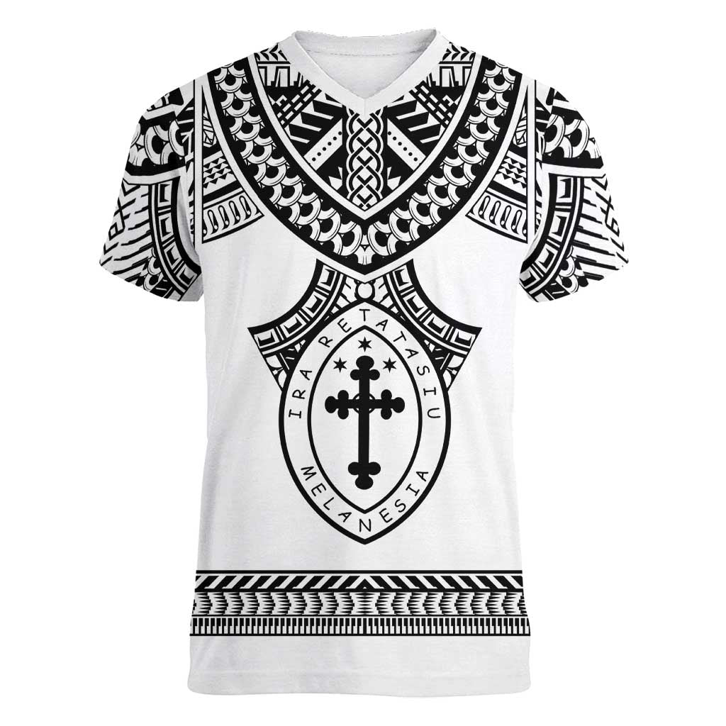 Personalised Melanesian Brotherhood Women V-Neck T-Shirt With Tribal Pattern LT05 Female White - Polynesian Pride